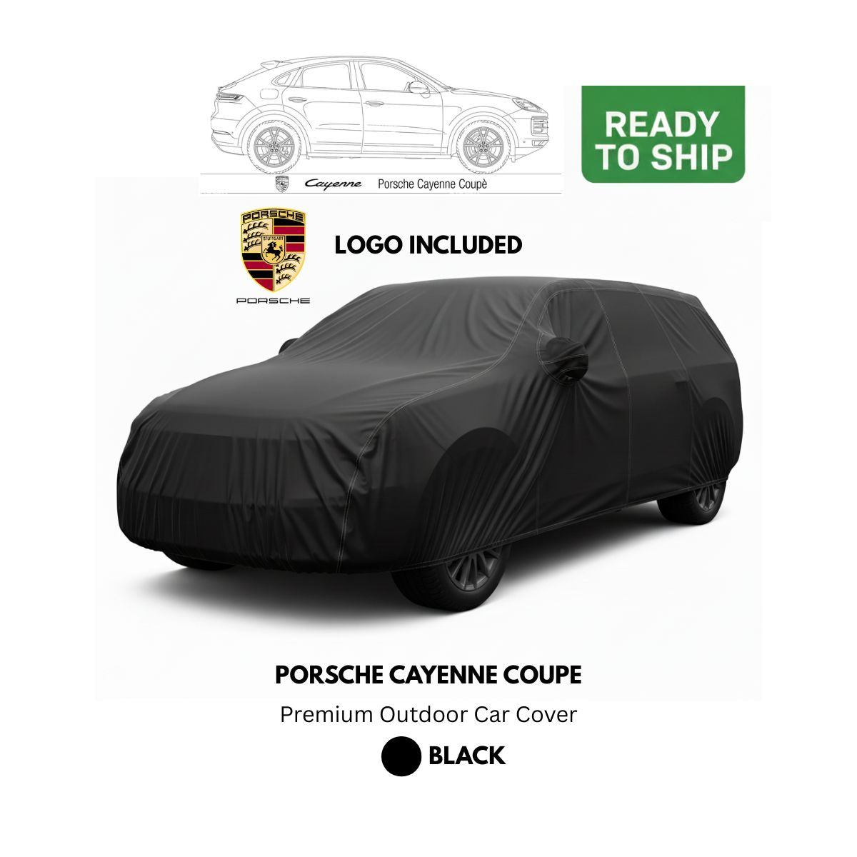 Porsche Cayenne Coupe - Premium Outdoor Car Cover - Black + Porsche Logo (Ready to Ship)