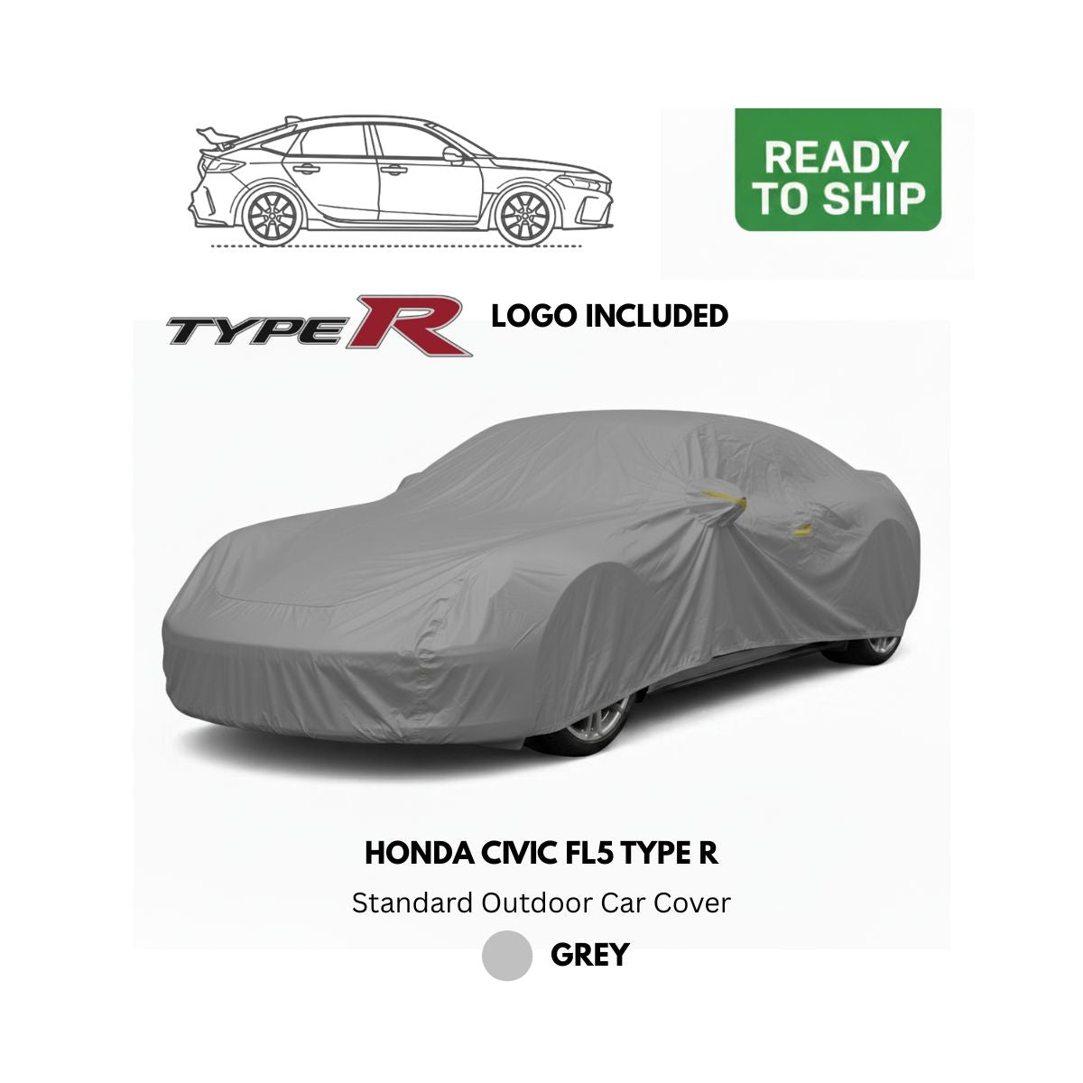 Honda Civic FL5 Type R - Standard Outdoor Car Cover - Grey + Type R Logo (Ready to Ship)