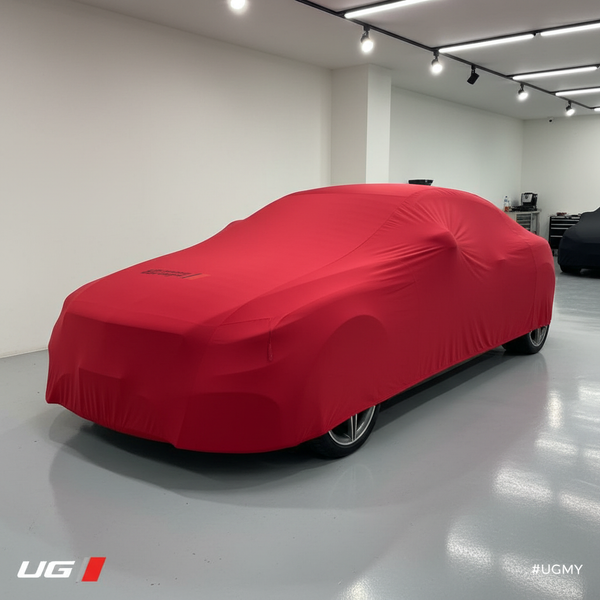 Red Car Cover - Clean Garage Background