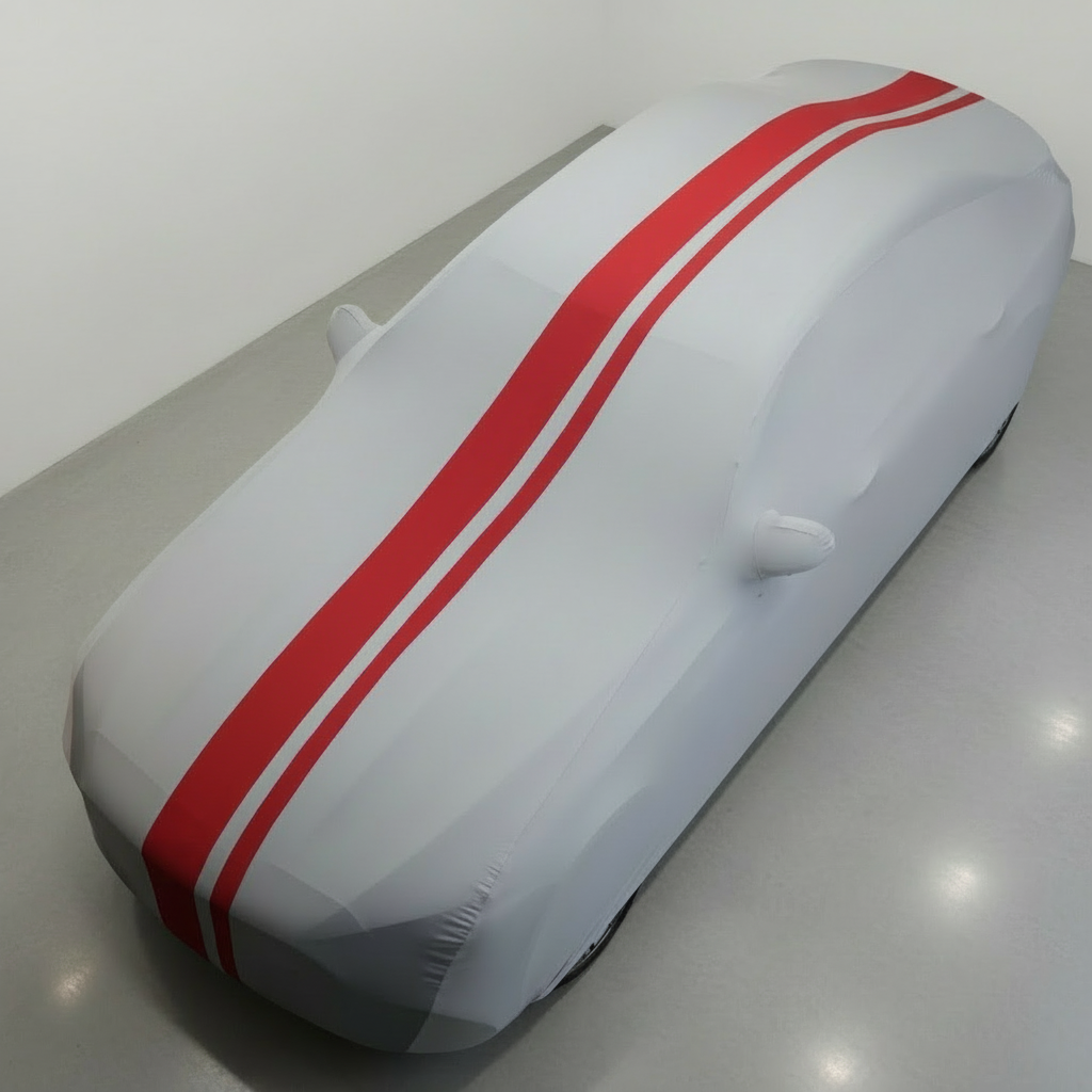 White and Red Striped Indoor Car Cover - No Logo